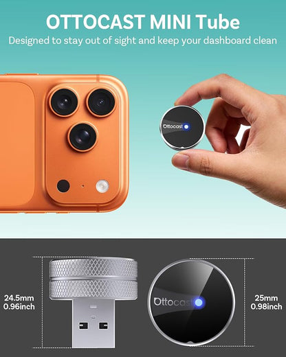 OTTOCAST Mini Tube 2026 Wireless CarPlay & Android Auto Adapter, Ultra-Fast Auto Reconnect,WiFi 6 & Bluetooth 5.4,Mini Plug & Play Dongle for Cars with Wired CarPlay