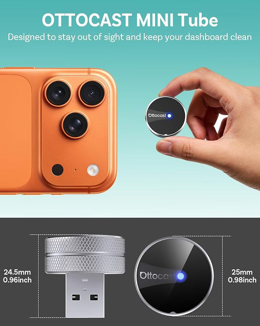 OTTOCAST Mini Tube 2026 Wireless CarPlay & Android Auto Adapter, Ultra-Fast Auto Reconnect,WiFi 6 & Bluetooth 5.4,Mini Plug & Play Dongle for Cars with Wired CarPlay
