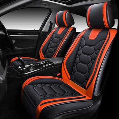 OASIS AUTO Car Seat Covers Full Set, Sporty Faux Leather with Honeycomb Pattern, Waterproof Universal Fit for SUV, Sedan, Pick-up Truck, Automotive Interior Accessories (OS-004 Black&Orange)