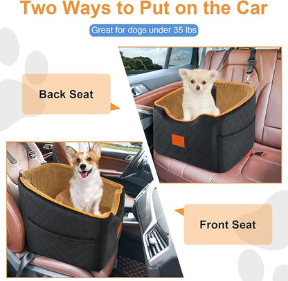 XIEEAOZEE Dog Car Seat for Small Dogs, Memory Foam Booster Dog Seat for Dogs up to 35 lbs, Elevated Pet Car Seat with Washable Removable Cover, Storage Pockets