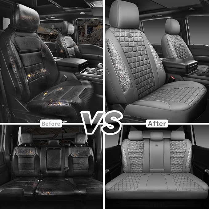 CAR PASS Bling Diamond Gray Leather Car Seat Covers Full Sets Interior Sets, Waterproof Shining Glitter Sparkly Crystal Universal Armrest Fit for Automotive Truck SUV Cute Women Girl, Gray Rhinestone