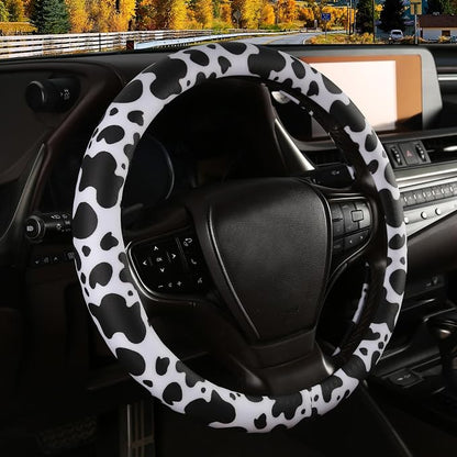 Cow Print Steering Wheel Cover with Silicone Inner Ring, Non-Toxic, Odorless Silicone Leather with Non-Fading Cow Pattern for Men Women, Universal 14.5 to 15 Inch (Cow Print)