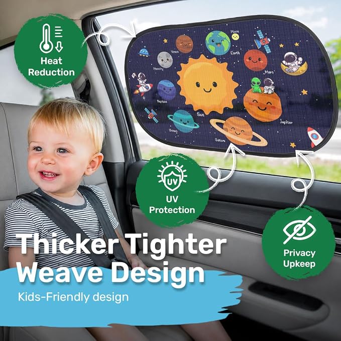 GENANY 2pcs Space Planet Window Sun Shade for Sedan SUV Truck (21x14 Inches), Galaxy Sun Shades for Side Window, Astronaut Baby Window Shades, Summer Car Decor