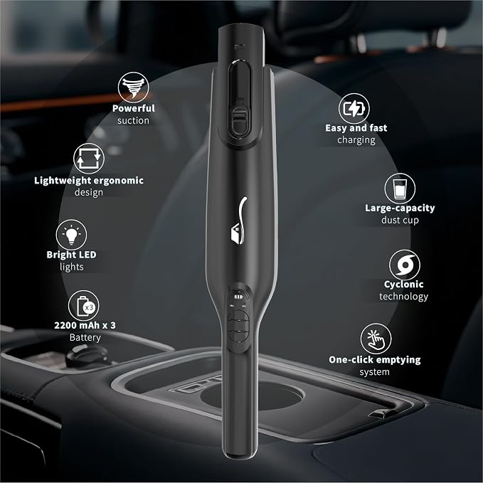 Cordless Handheld Vacuum, Lightweight Portable Hand Vacuum Cleaner with LED Light,Rechargeable Hand Held Vacuum with One-Touch Empty, Powerful Suction for Office, Home,Car, Raven