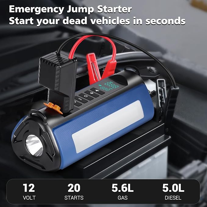 Portable Jump Starter with Air Compressor, 1000A Jump Starter Battery Pack (All Gas/5.0L Diesel) 150PSI Digital Tire Inflator, 12V Car Jump Box Car Battery with LCD Display, 2 Types of Lights
