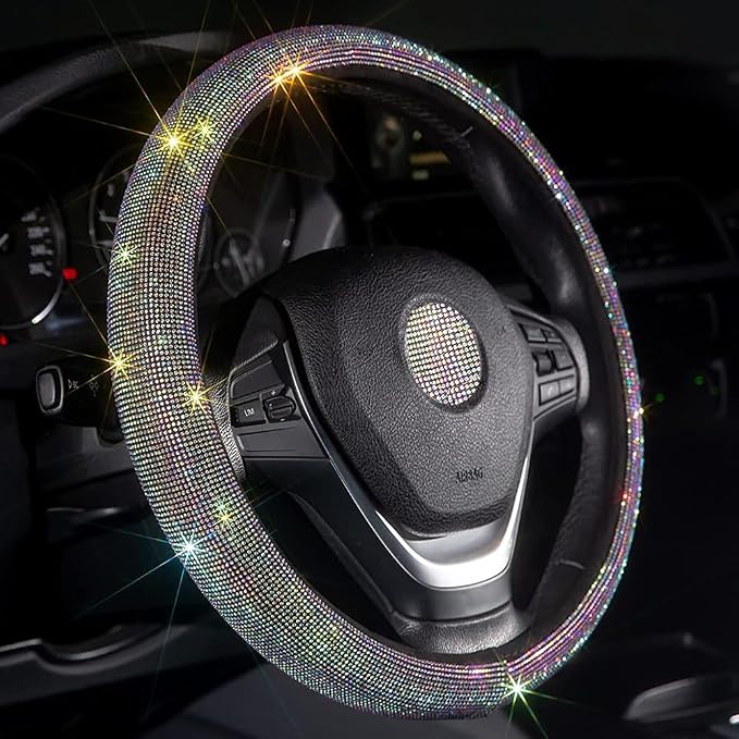 Carwales Car Bling Steering Wheel Cover for Women Girls 15 Inch Universal Colorful Crystal Rhinestone Diamond Rainbow Bling Accessories Anti Slip Wheel Protector Sparkling, Black