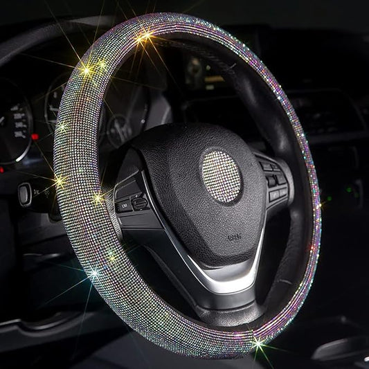 Carwales Car Bling Steering Wheel Cover for Women Girls 15 Inch Universal Colorful Crystal Rhinestone Diamond Rainbow Bling Accessories Anti Slip Wheel Protector Sparkling, Black