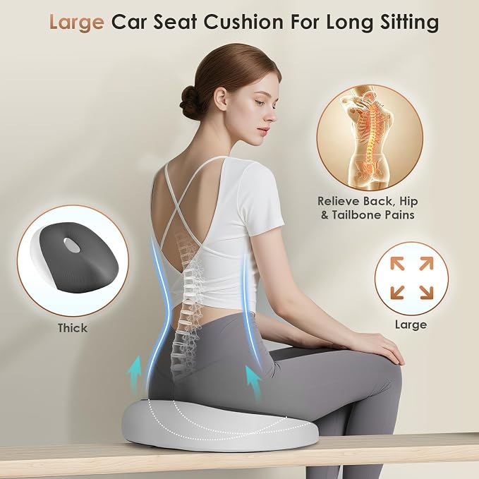 FLORICH Large Car Seat Cushion for Long Sitting, Ergonomic Memory Foam Driving Seat Cushion for Back & Sciatica Pain Relief, Non-Slip Washable Seat Cushion for Car, Driver, Office-Gray