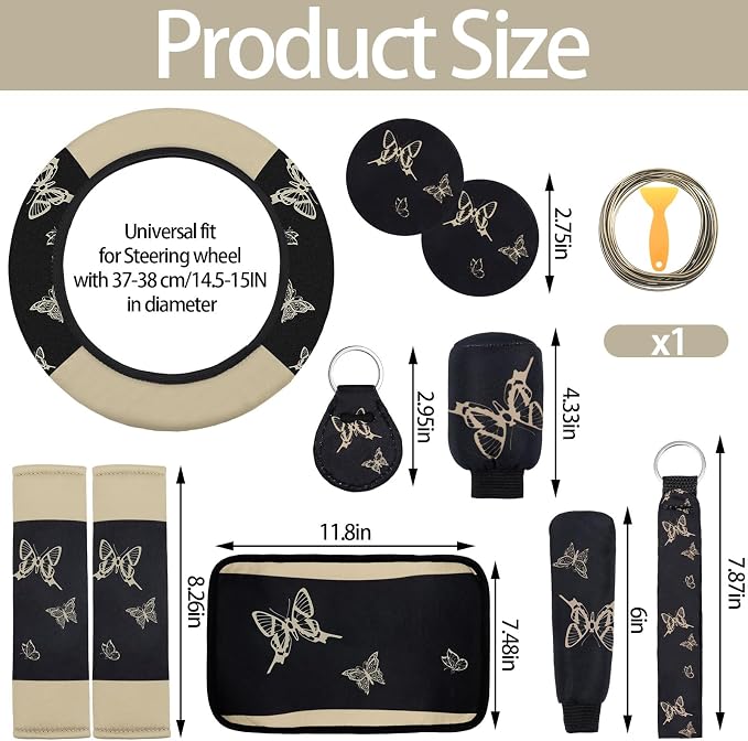 BBTO 43 Pcs Butterfly Car Seat Full Set Butterfly Car Accessories for Women 5 Front Rear Seat Covers Wrist Strap 2 Pcs Cup Mat Armrest Pad 2 Belt Xmas Cover Accessories for SUV(Cream-Colored)