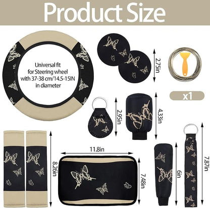 BBTO 43 Pcs Butterfly Car Seat Full Set Butterfly Car Accessories for Women 5 Front Rear Seat Covers Wrist Strap 2 Pcs Cup Mat Armrest Pad 2 Belt Xmas Cover Accessories for SUV(Cream-Colored)