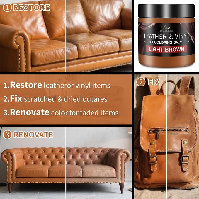 Leather Recoloring Balm with 100ml Mink Oil, Light Brown Leather Repair Kit and Scratch Remover for Furniture, Car Seats, Sofas, Dye & Restorer for Couches, Vinyl, PU, Faux