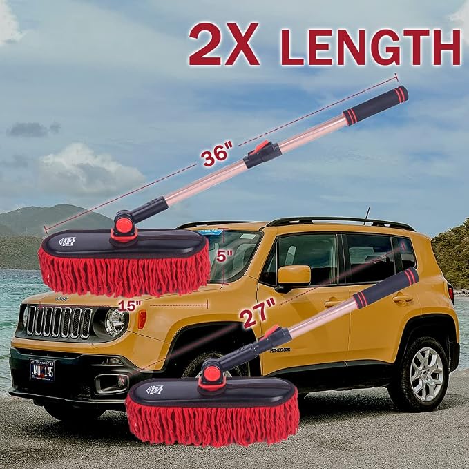 Car Duster Exterior with Extendable Handle, Scratch Free Auto Wash Brush Mop, Interior Detailing Kit for Truck RV Boat - 1PC Wax Cotton Duster, Bright Red
