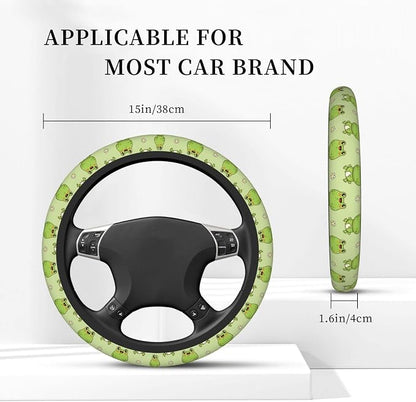 Cute Frog Steering Wheel Cover for Women,Universal Auto Steering Wheel 14-15 Inch Car Interior Accessories with 2PCS Car Coasters,Suitable for Men and Women