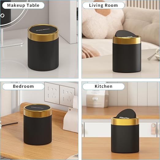 Desktop Trash can with Lid,0.4 Gal Stainless Steel Counter Top Trash Can Mini Bathroom Trash Can for Car,Office,Kitchen,Desk,a Roll of Trash Bag(Black)