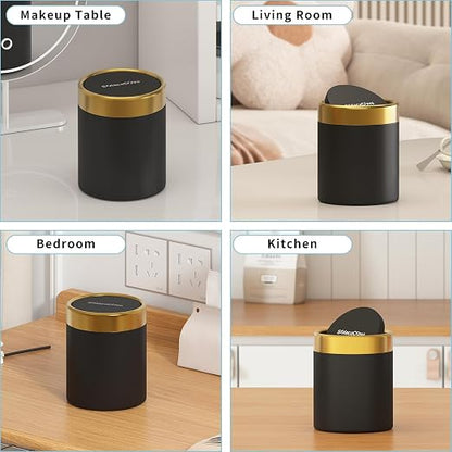 Desktop Trash can with Lid,0.4 Gal Stainless Steel Counter Top Trash Can Mini Bathroom Trash Can for Car,Office,Kitchen,Desk,a Roll of Trash Bag(Black)