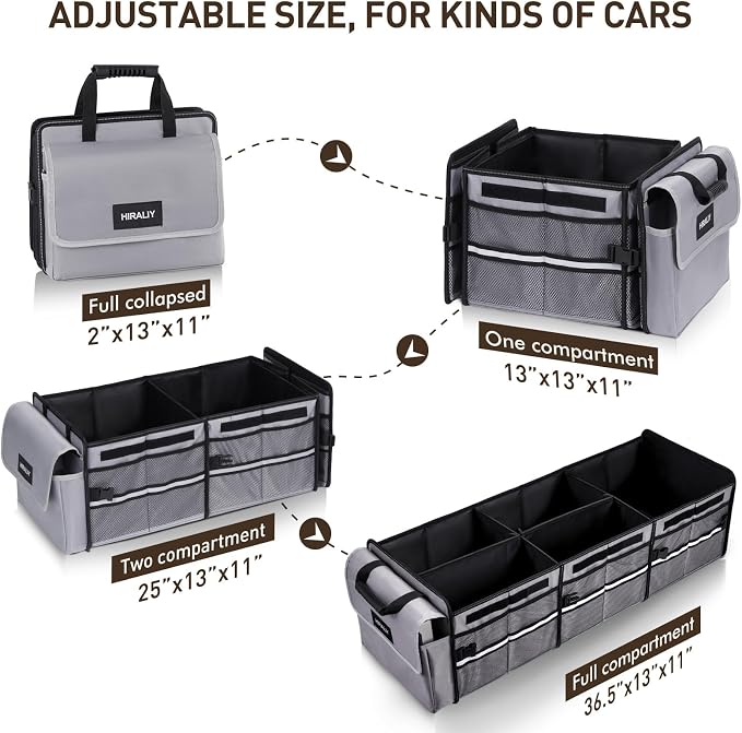 HIRALIY 4 in 1 Car Trunk Storage Organizer with Leakproof Cooler Bag, Multi-Compartment Foldable Trunk Storage Box for Car Truck SUV Gray