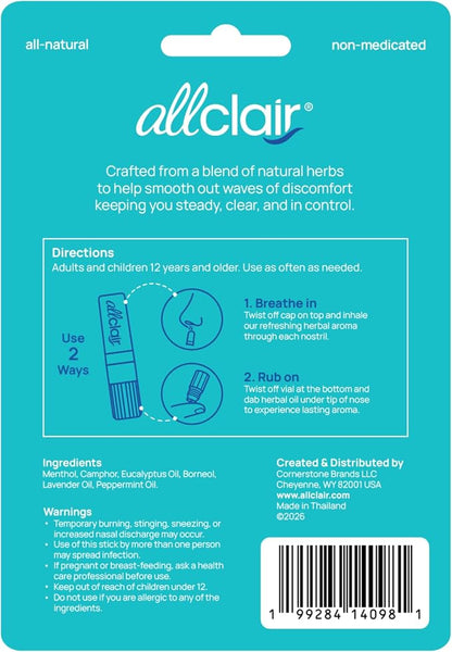Allclair Nausea Relief Inhaler for Motion & Morning Sickness – Fast-Acting, Non-Drowsy, Natural Alternative to Pills & Patches, Travel Essential (3 Inhalers)