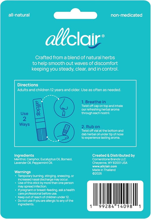 Allclair Nausea Relief Inhaler for Motion & Morning Sickness – Fast-Acting, Non-Drowsy, Natural Alternative to Pills & Patches, Travel Essential (3 Inhalers)