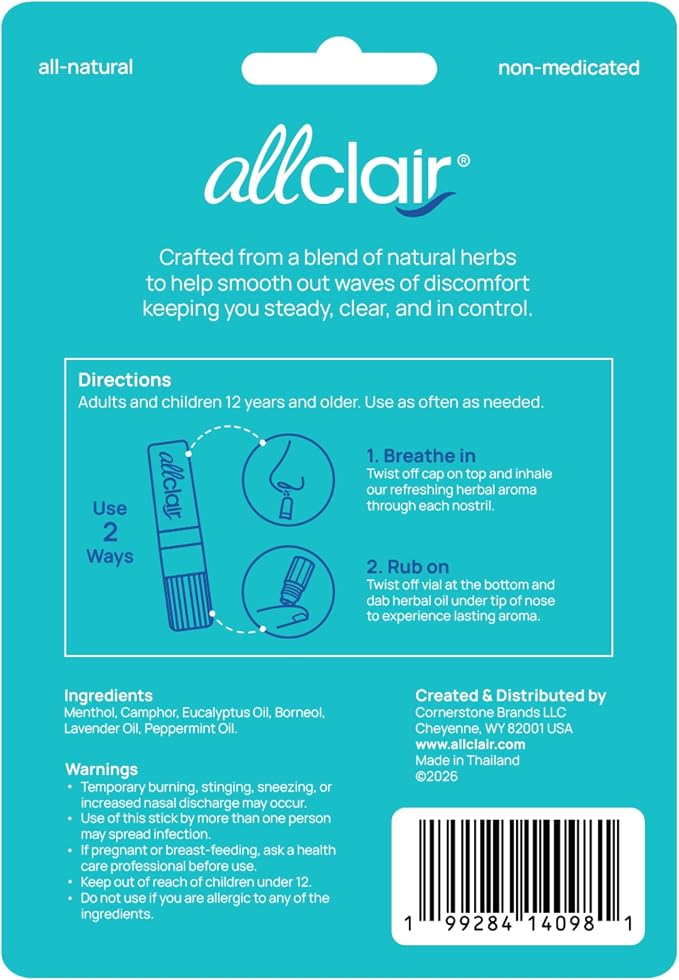 Allclair Nausea Relief Inhaler for Motion & Morning Sickness – Fast-Acting, Non-Drowsy, Natural Alternative to Pills & Patches, Travel Essential (3 Inhalers)