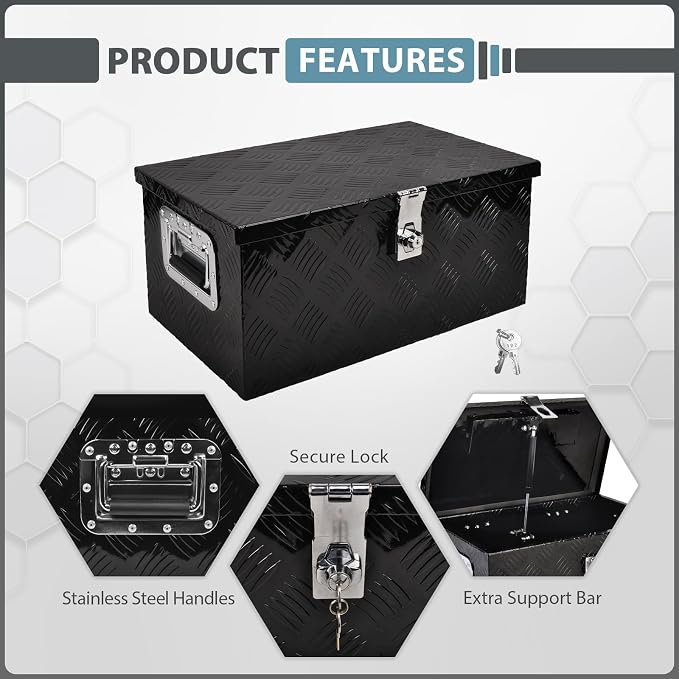 20 Inch Aluminum Truck Bed Tool Box, 5 Bar Tread Truck Tool Box with Lock&Keys, Heavy Duty Waterproof Flatbed tool box for Vans, Trailers, RVS，Trucks, Black(20"X12"X9.5")