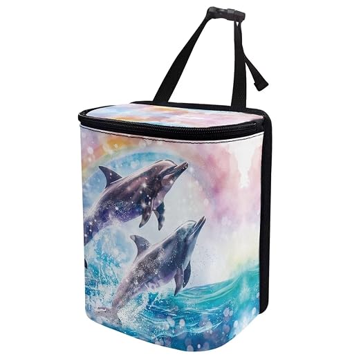 Talayituse Dolphin Rainbow Print Car Trash Can, Portable Auto Garbage Bin Multifunctional Vehicle Interior Accessories with Adjustable Straps Universal Fit Truck SUV Sedan