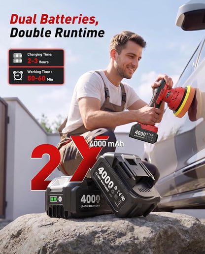 6 Inch Cordless Car Buffer Polisher Kit: Equipped with 2×4000mAh Batteries, Digital Display & 8 Speed Control, Comes with Extra Attachments for Car/Boat Detailing, Scratch Removal and Waxing