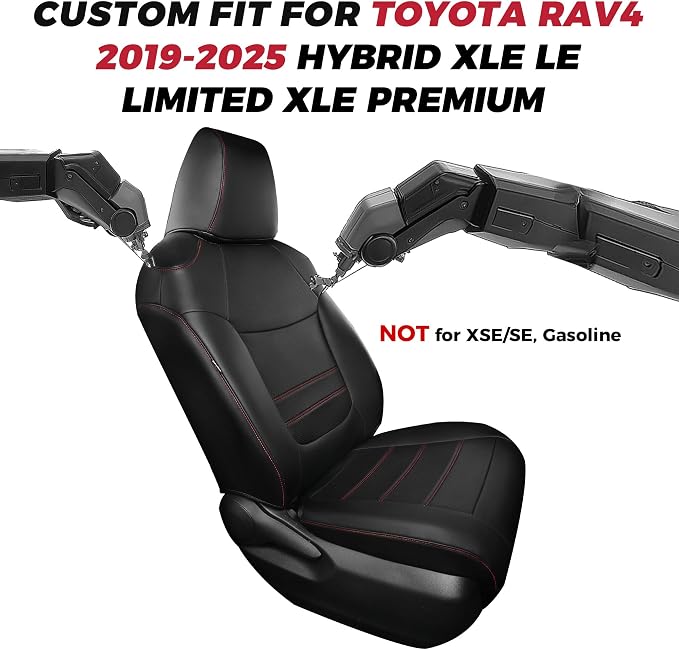 FREESOO RAV4 Seat Covers Full Set Custom Fit for Toyota Rav4(Only Hybrid) 2019 2020 2021 2022 2023 2024 2025 LE/XLE/XLE Premium/Limited, Faux Leather Car Seat Cover, Airbag Compatible, Black Red