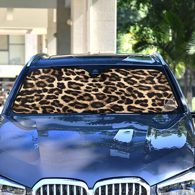 Leopard Print Car Windshield Sun Shade Foldable UV Ray Sun Visor Protector Sunshade to Keep Your Vehicle Cool (51" x 27")