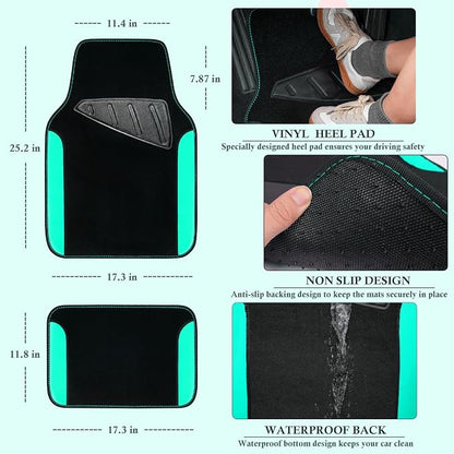 CAR PASS Faux Leather Steering Wheel Cover and Waterproof Car Floor Mats,Universal Car Combo Fit for 95% Sedan,SUV,Cars,14.5-15inch Sporty Anti-Slip Safety Comfortable Design(Black＆Mint)