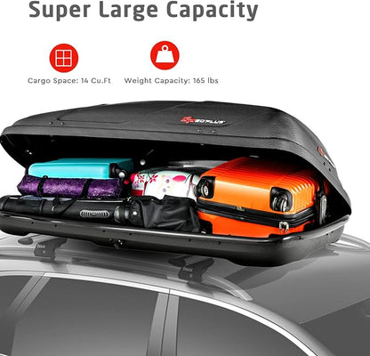Goplus Rooftop Cargo Carrier Hard Shell, 14 Cubic Feet Waterproof Car Roof Cargo Carrier w/Dual Side Opening, Security Key, 165LBS Capacity, for 17” to 22.8” Wide Crossbar Rack, Vehicle Cargo Box