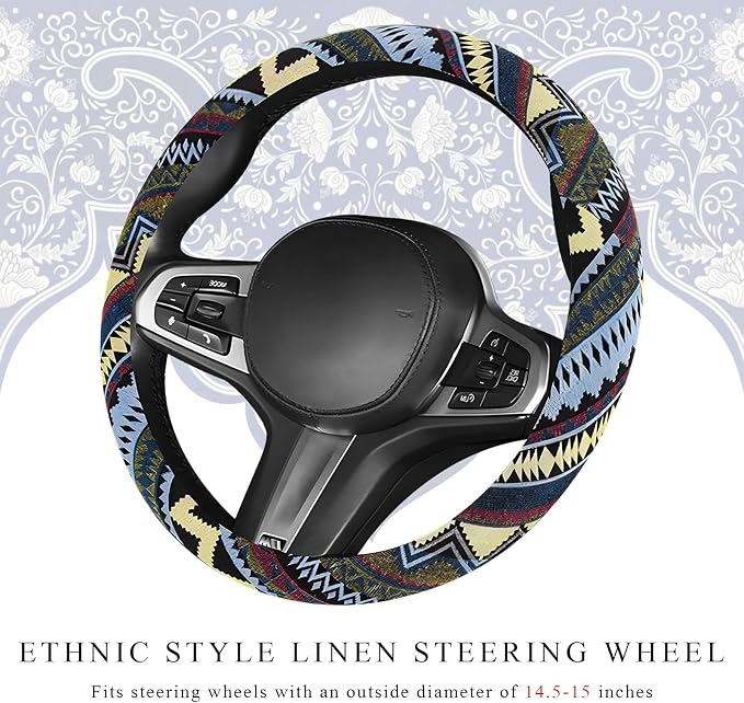 Boho Car Steering Wheel Cover, Ethnic Style Anti-Slip Coarse Flax Cloth Auto Wheel Cover, Bohemian Steering Wheel Protector for Most SUVs Vans Trucks, Car Accessories (Style H)