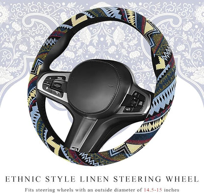 Boho Car Steering Wheel Cover, Ethnic Style Anti-Slip Coarse Flax Cloth Auto Wheel Cover, Bohemian Steering Wheel Protector for Most SUVs Vans Trucks, Car Accessories (Style H)