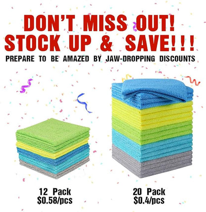 HOMEXCEL Microfiber Cleaning Cloths, 20 Pack Cleaning Rags - Lint Free & Scratch-Free Microfiber Towels for Cars, House & Kitchen, Absorbent Cleaning Towels, Multi-Color, 11.5 x 11.5 Inch