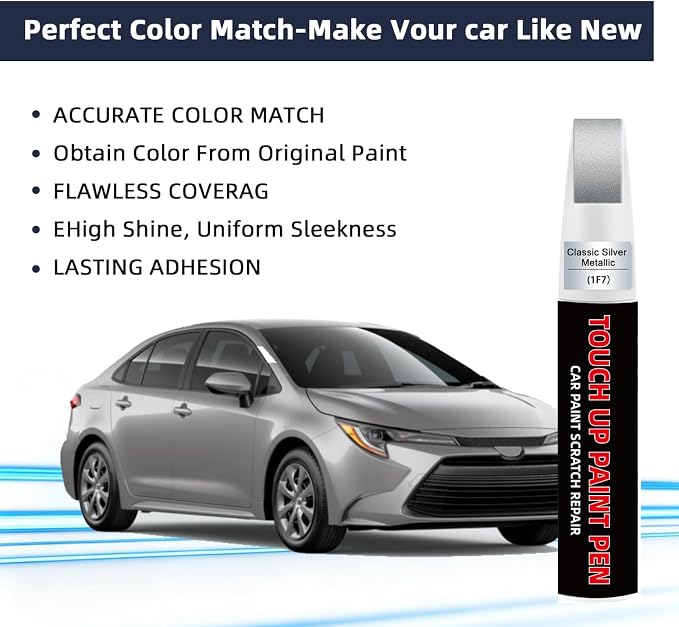 Classic Silver Metallic(1F7) Car Touch Up Paint for Toyota 2-in-1 Car Scratch Repair Pen with Fine Tip&Brush, DIY Color-Code Matched Auto Paint for Rock Chips Door Scratches Paint Nicks Bumper Marks