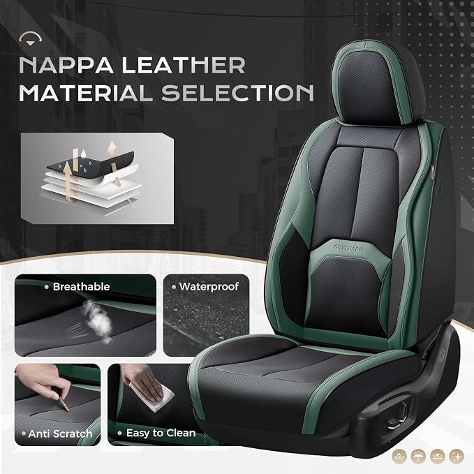Coverado Car Seat Covers Full Set, Green Car Seat Cover, Car Leather Seat Protector with Lumbar Support, Waterproof Car Seat Cushion, Leather Seat Covers Universal Fit Most Cars, (Black&Green)