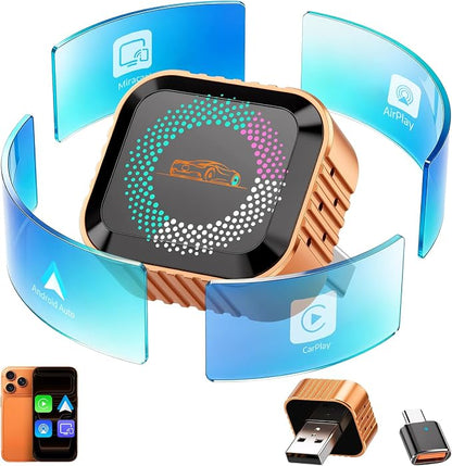 4-in-1 Wireless CarPlay Adapter with Screen Mirroring, Plug & Play No App | Watch Netflix/YouTube in Car, Android Auto AirPlay Mirror Link, Compatible with 800+ Cars iPhone Android, USB-A/C Input