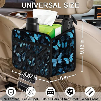Car Backseat Organizer, PU Leather Back of Seat Cars Hanging Organizer with Pockets Leakproof Car Garbage Bag Hanging Cars Seat Storage Box Travel Accessories Foldable (Blue Butterfly)
