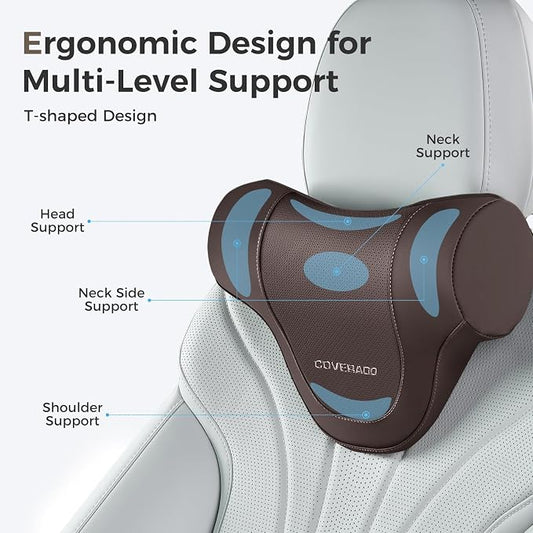 Coverado Car Headrest Pillow, Ergonomic Memory Foam Car Neck Pillow for Driving Seat with Adjustable Strap, Soft PU Leather Breathable Removable Cover Neck Support for Neck Pain Relief
