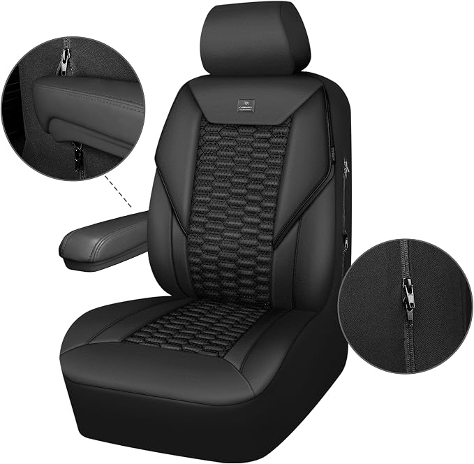 CAR PASS 3D Foam PU Leather Car Seat Covers Full Set,Luxury Breathable Faux Leather Seat Covers for Car,Anti Slip Universal Fit for SUVs Vans Sedan Truck Automotive,Armrest Airbag Compatible All Black