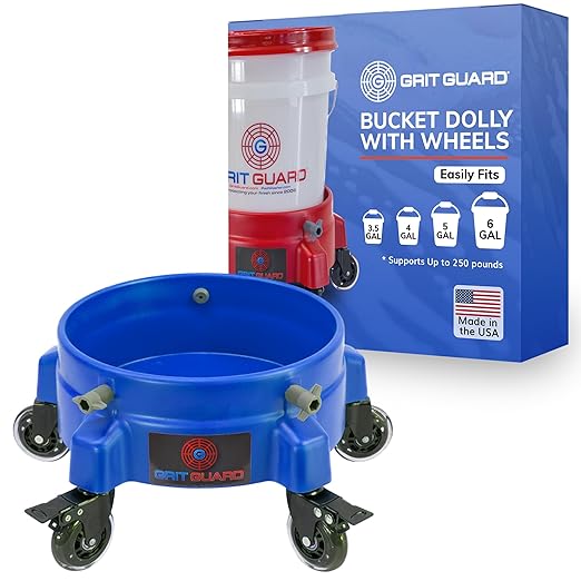 Grit Guard Bucket Dolly with Wheels - Rolling Detailing Wash Bucket with 5 Wheels and 2 Locking Casters Compatible with 2.5, 4, 5 and 6 Gallon Buckets (Blue, 3" Roller Bearing) - Made in the USA