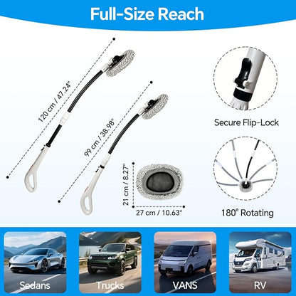 7-in-1, Car Wash Brush 15°Curved with 47" Long Handle and 90° Rotating Replaceable Brush Head, Car Wash Kit with Microfiber Towel and Tire Brush for Car, SUV, RV, Floor Cleaning-White.