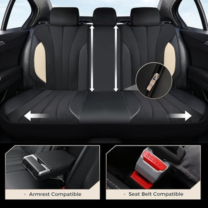 Coverado Car Seat Covers Full Set, 5 Seats Waterproof Nappa Leather Automotive Seat Protectors, Front & Rear Luxury Mesh Seat Covers, All-Weather Universal Fit for Most Cars SUVs, Trucks,Beige&Black