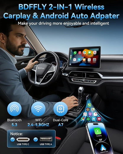 PWAYTEK 2026 Upgraded 2 in 1 Wireless CarPlay & Android Auto Adapter, USB A/C Dongle Convert Factory Wired for iOS 10+ & Android 11+(Black)