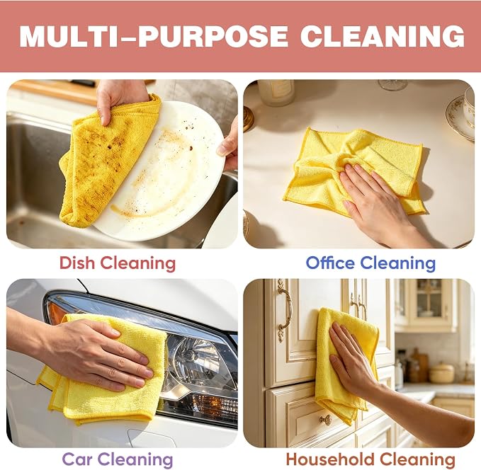 TEAWOO 10 PCS Yellow Microfiber Cleaning Cloths, Highly Absorbent Microfiber Towels for Car, Kitchen, Bathroom and Household Cleaning, 11.8" X11.8