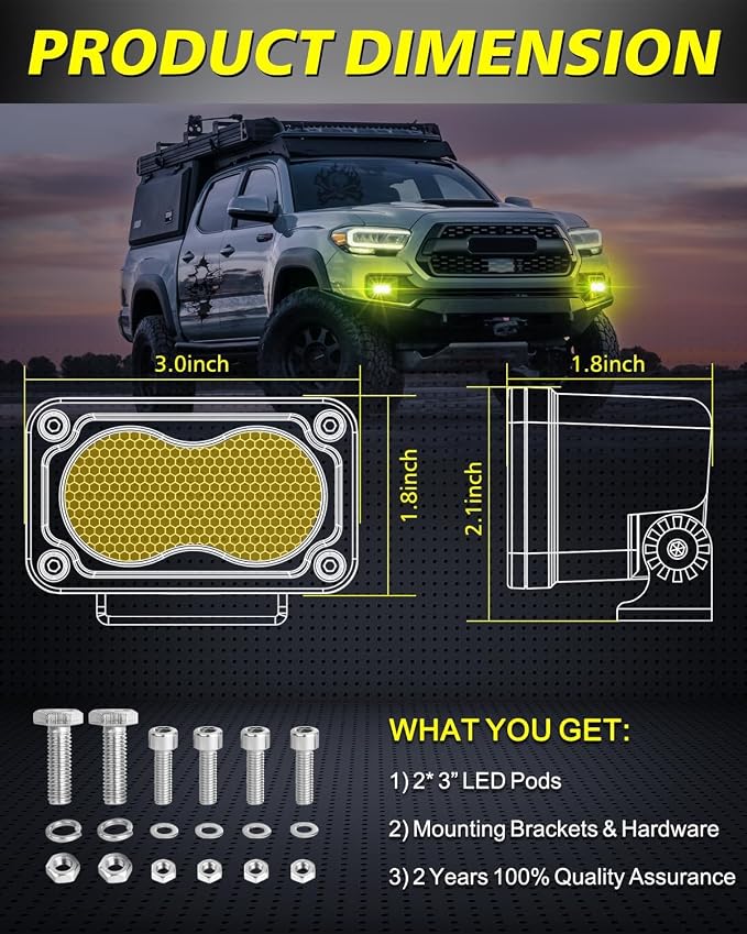 Yellow LED Pods, AKD Part 3" 40W Diffused CREE LED Pod Lights Yellow Chase Light Bars Scene Lights Ditch Camper Daytime Safety Signal Fishing Trailer Light for Truck Pickup Tractor Van Boat UTV