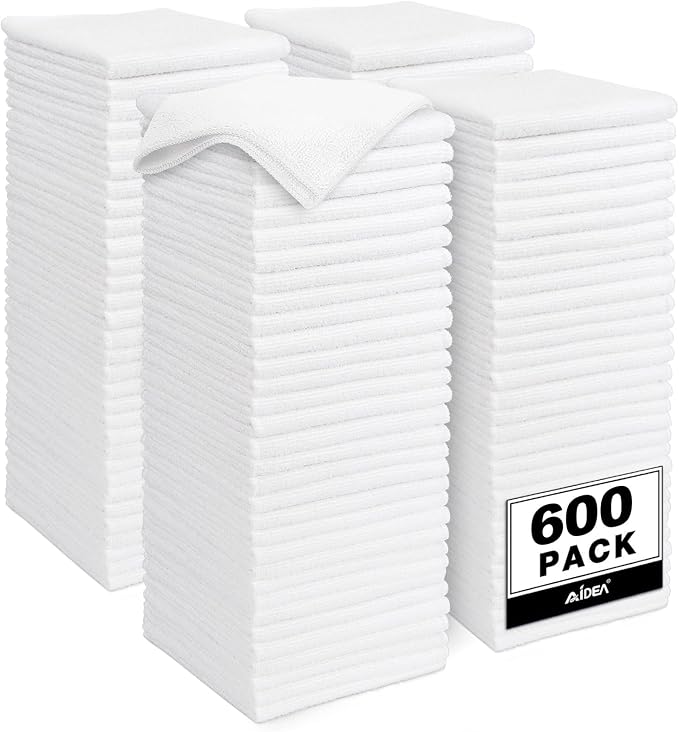AIDEA Microfiber Cleaning Cloth White-600PK, Soft Microfiber Towels for Cars, Absorbent Cleaning Rags, Lint-Free Streak-Free Wash Cloths for House, Kitchen, Window,11.5"×11.5"
