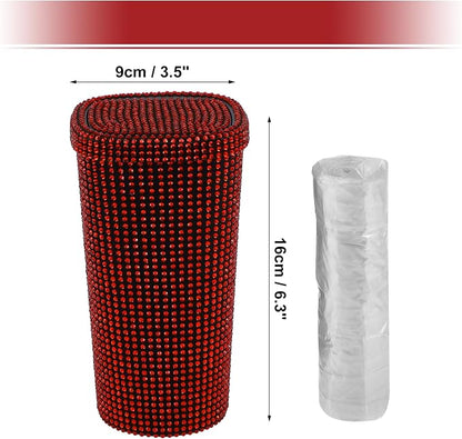 ACROPIX Car Trash Can Trash Bin Rhinestones Portable 3.5" Length 3.5" Width 6.3" Height Red Rhinestone Plastic