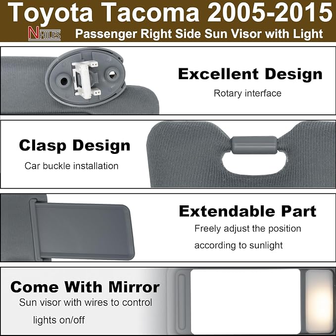 NHILES Passenger Right Side Sun Visor Replacement Fits for Toyota Tacoma 2005-2015 Sunshade with Light 7431004120B0 Color Dark Gray