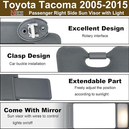 NHILES Passenger Right Side Sun Visor Replacement Fits for Toyota Tacoma 2005-2015 Sunshade with Light 7431004120B0 Color Dark Gray