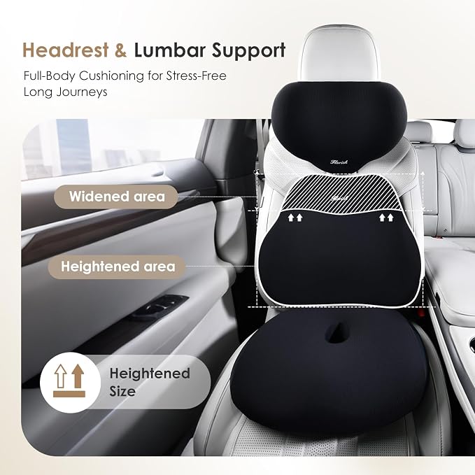 FLORICH Car Seat Cushion & Lumbar Support Pillow & Car Neck Pillow, Ergonomic Memory Foam Driving Seat Cushion for Back & Sciatica Pain Relief, Non-Slip Washable Cushion for Car, Driver, Office-Black